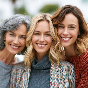 Women of different ages smile together outdoors in a casual setting during the day