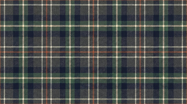 Sophisticated navy blue and gray plaid fabric with green and orange accent stripes.