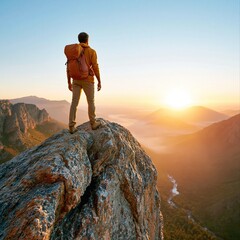 Fototapeta premium Man stands on rock looking at sunrise over mountains and valley