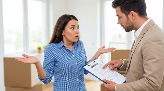 A man and a woman stand in an empty room with moving boxes. The woman looks confused and raises her hands while the man points to a contract on a clipboard. They are talking about the agreement