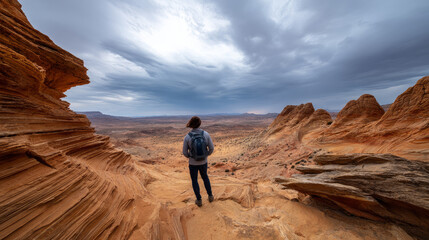 Fototapeta premium Backpacker standing on narrow sandstone edge with wind blowing. beautiful desert background. gorgeous scene straight out Arabian fairy tale, where sand, heat, silence reign.