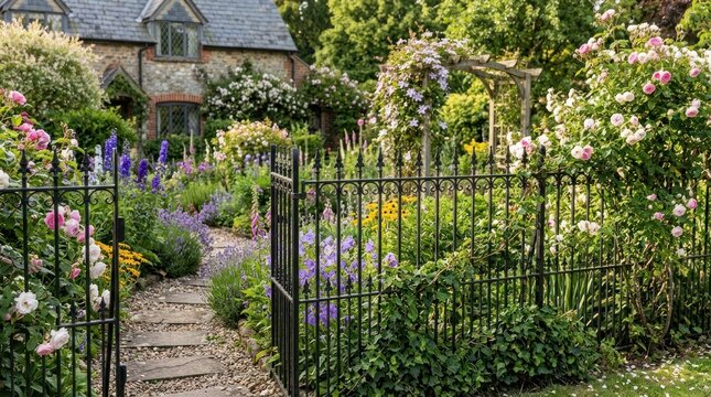A picturesque garden with a stone cottage, a pergola, and a variety of flowers and plants.