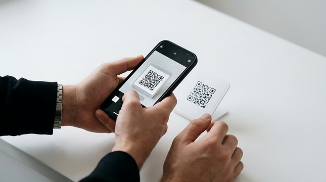 A person scanning a qr code on a smartphone next to a physical qr code on a white background