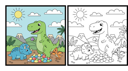 Cute Cartoon Dinosaurs with Colorful Eggs in Prehistoric Volcano Landscape, Children Animal Illustration © Dewan