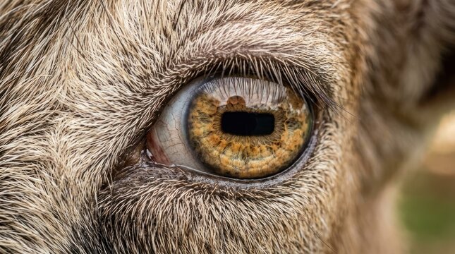 A close-up of a goat's eye, showing its brown and black iris and pupil, with a blurred background.