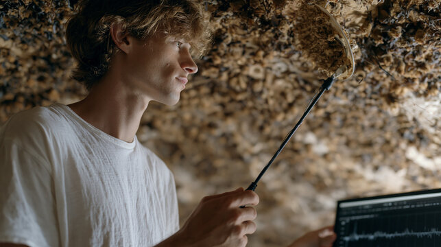 Bioacoustics researcher holding a parabolic microphone toward a cave ceiling covered in roosting bats, waveform data visible on a nearby monitor screen, ideal for echolocation
