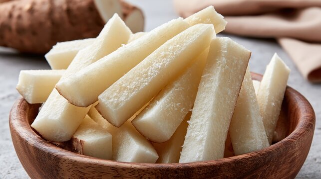 Yuca sticks arranged neatly in a wooden bowl present a healthy alternative to traditional deep fried potato based fries.