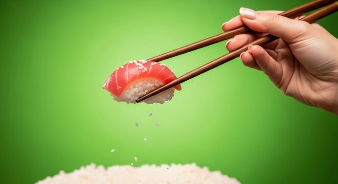 Closeup of a hand holding sushi with chopsticks over a pile of rice.