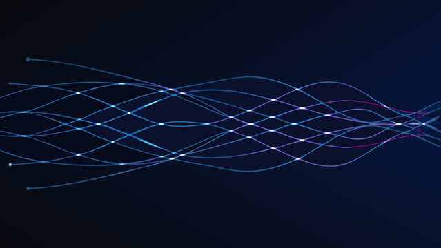 Abstract Wave Pattern With Connecting Nodes On A Dark Blue Background Digital Visualization lines aquamarine azure points