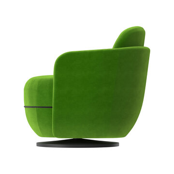 Modern green velvet armchair with a sleek black swivel base and subtle detailing