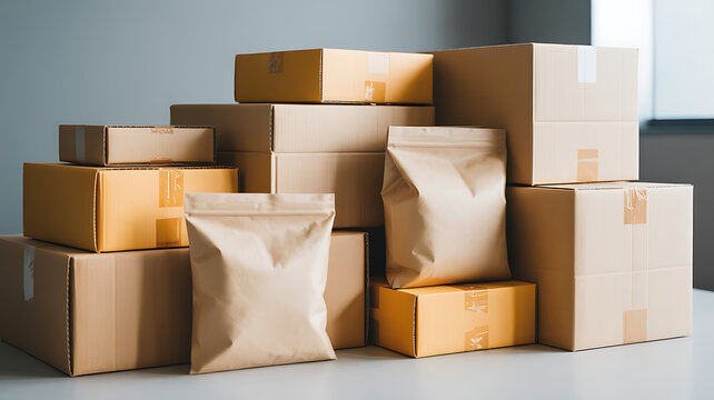 Stack of cardboard boxes and paper bags on a gray floor packaging shipping delivery