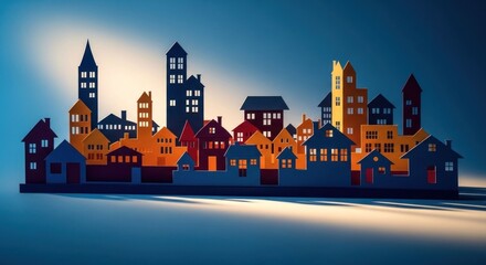 Obraz premium Colorful Paper Cutout Cityscape Silhouette at Dusk.