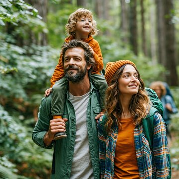 Family enjoys a walk in the woods with a child on a parent&rsquo;s shoulders during a sunny day