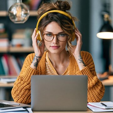 Young woman works on laptop while wearing headphones in a home office during daytime
