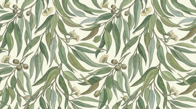 A watercolor illustration of a green and white floral pattern with a green leafy branch and white flowers on a beige background.