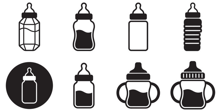 Collection of various baby feeding bottles and sippy cups on transparent background