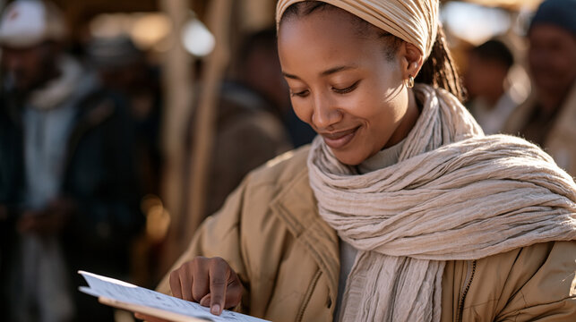 Microfinance field officer in crowded rural marketplace uses tablet to complete KYC identity verification for new loan applicant, biometric capture in progress, financial