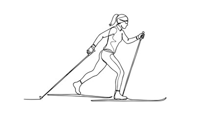 Fototapeta premium Woman cross country skiing in winter sport. Continuous one line drawing illustration
