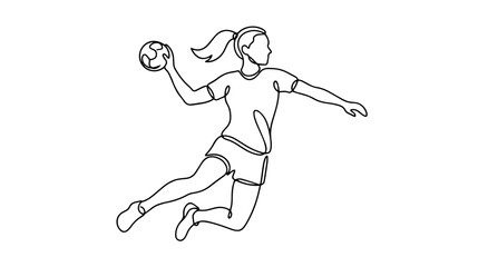 Obraz premium Female handball player jumping to throw continuous line drawing. Sports and competition concept. Minimalist vector illustration