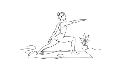 Fototapeta premium Woman doing yoga warrior pose continuous one line drawing. Minimalist graphic illustration of fitness and healthy lifestyle concept
