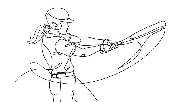 Female baseball player swinging bat continuous line drawing. Woman softball batter minimalist vector illustration. Isolated on white background