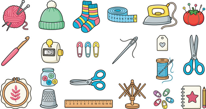 Cute sewing knitting and craft tool cartoon icon vector illustration set featuring yarn scissors tape measure iron embroidery hoop pins and tailoring accessories.