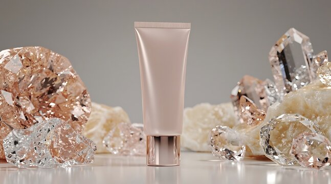 Luxury Skincare Cream Tube Surrounded by Sparkling Crystals and Gemstones.