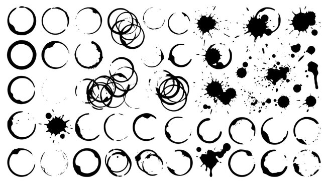 Coffee spill splash and circular cup ring set for grunge design backgrounds or rustic cafe menu aesthetic and artistic graphic print elements