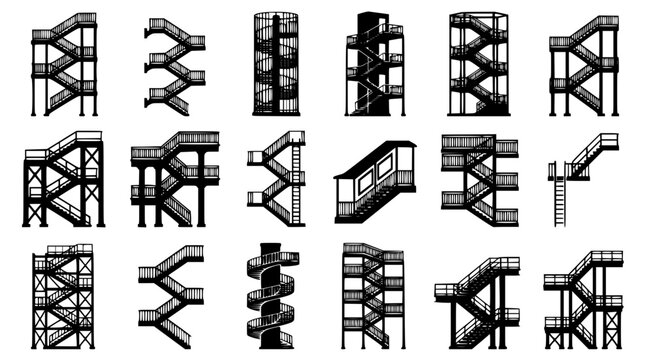Collection of industrial metal stairs and fire escape vector icons for architectural blueprints and urban building safety design project elements