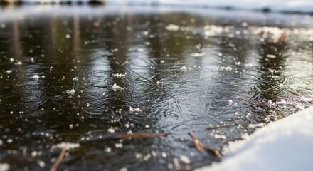 Fototapeta premium A Thin Layer of Fresh Ice Forming on a Serene Mountain Pond