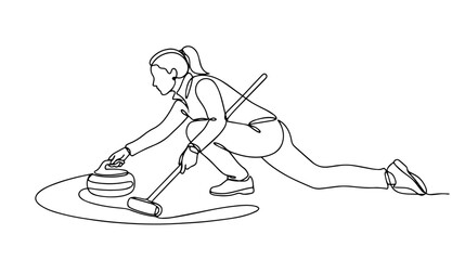 Obraz premium Continuous one line drawing of a woman playing curling. Minimalist winter sport and competition concept illustration. Single line art graphic