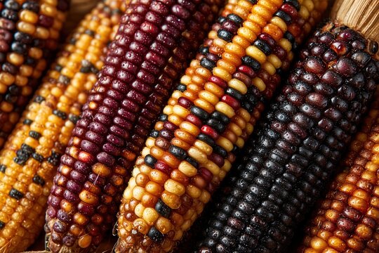 Several corn cobs are arranged closely on a table. The cobs have various colors including purple, yellow, and black. The textures and patterns of each cob are unique and interesting to see