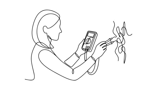 Female electrician testing wires with multimeter continuous one line drawing. Electrical repair minimalist illustration