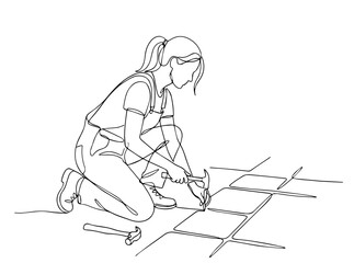 Obraz premium Woman installing floor tiles continuous line drawing. Minimalist home renovation vector illustration