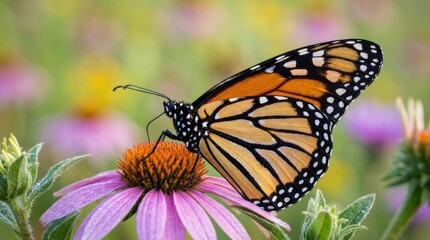 Obraz premium A monarch butterfly perched on a purple coneflower in a garden with a blurred background of other flowers.