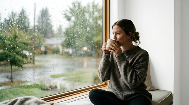 A woman sitting by a window on a rainy day, holding a warm mug and looking outside, creating a cozy and peaceful atmosphere