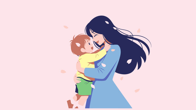 Loving Mother embracing her happy child with falling petals, symbolizing unconditional family love and care, for parenting blogs, Mother's Day cards, and family wellness campaigns.
