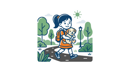 Little girl walking with cute puppy. © Alex