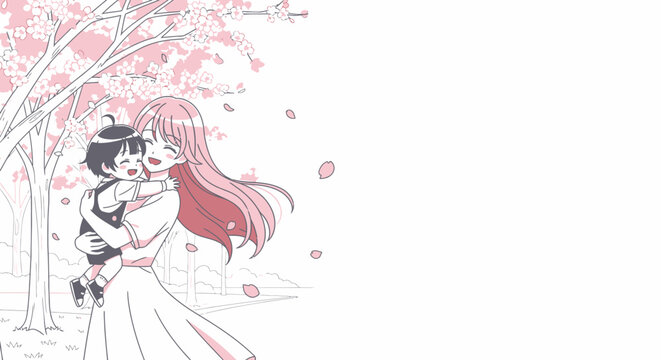Joyful mother embracing child under blooming cherry blossom tree, symbolizing unconditional love and happy family moments, perfect for spring greetings and parenting themes.