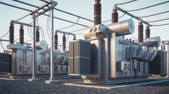 Electrical substation with transformers and power lines, industrial infrastructure