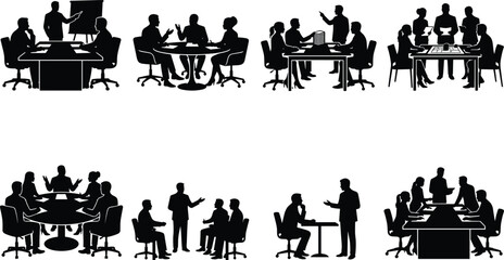 Fototapeta premium Black Silhouette Icons of Business Meetings, Presentations, and Team Discussions