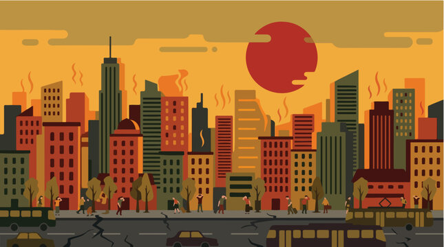 City overheating during extreme heatwave vector. Exhausted people walking on cracked streets under big red sun concept. Urban climate change global warming and pollution illustration.