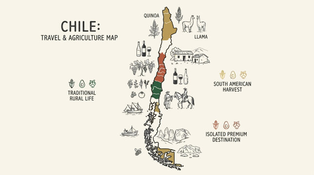 Artistic minimalist sketch map of Chile highlighting traditional rural life, sustainable agriculture, and South American travel culture through elegant hand-drawn line art illustrations.