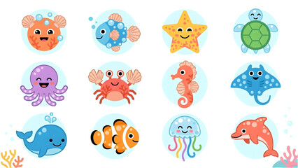 Fototapeta premium Colorful ocean animals, sea creatures icons, stickers set, vector illustrations world Emoji day