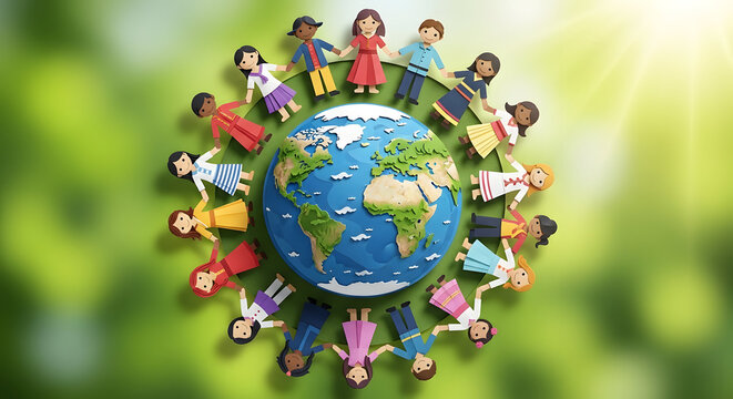 Diverse children figurines holding hands around a globe of the earth