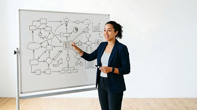Professional woman presenting a complex business strategy flowchart on a whiteboard in a bright office