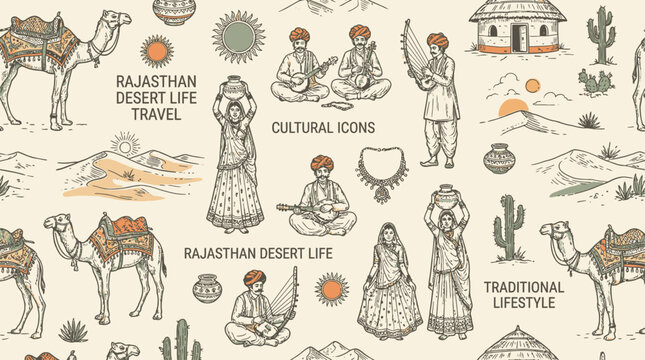 Traditional Rajasthani cultural motifs and desert life illustration pattern featuring local people, camels, ethnic architecture, and folk symbols in a vibrant travel design.