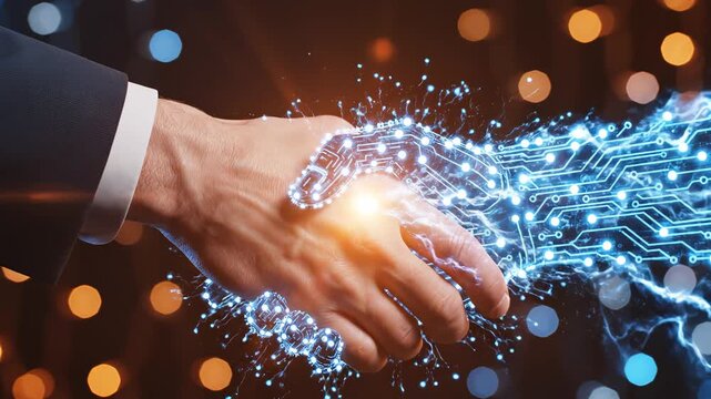 Human Hand Shaking with Glowing Blue Circuit-Style AI Robot Hand Against Bokeh Background