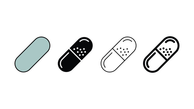 Colorful illustration of various capsule pill shapes and designs on white background