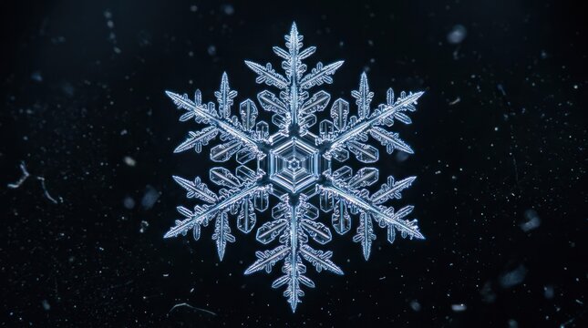 A single snowflake against a dark background.